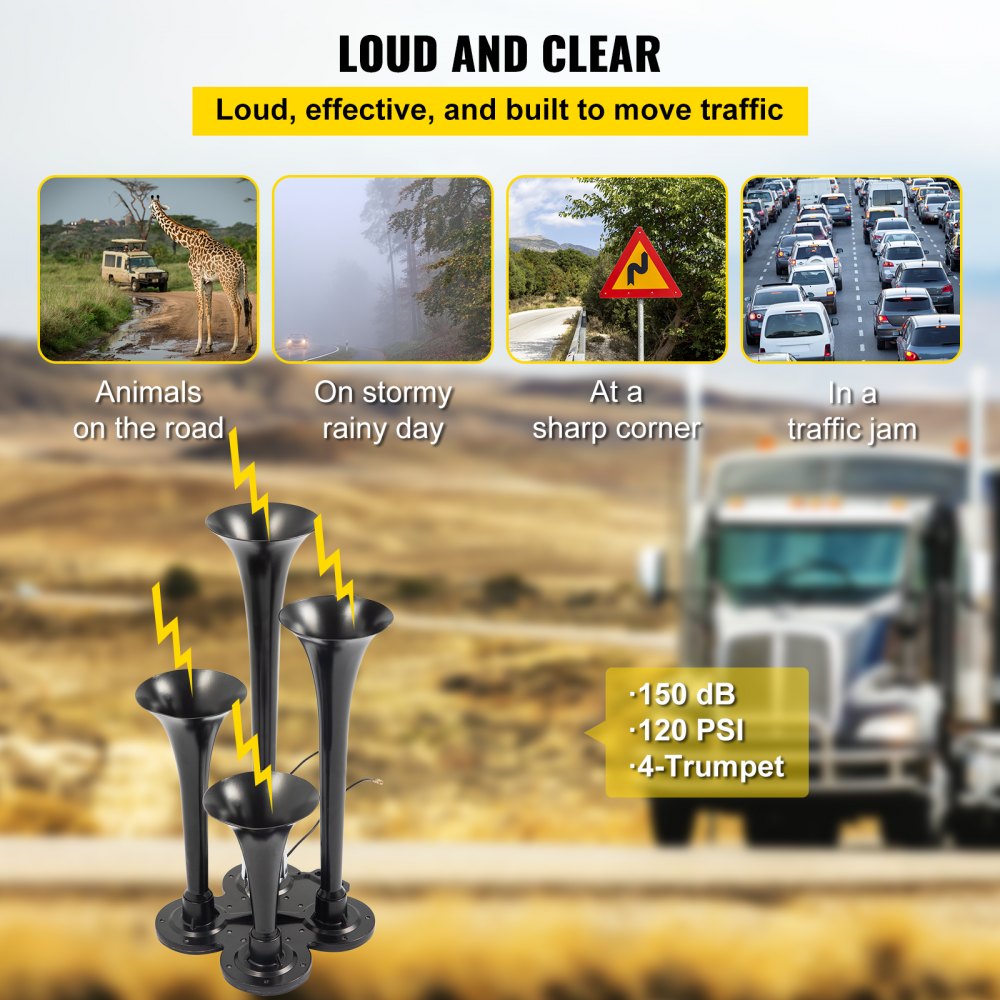 VEVOR 4 Trumpet Train Air Horn Kit 12V Air Compressor 150PSI Air Horn Kit 4 Horns Air Horn Compressor Tank Capacity 3 Liters Super Loud For Truck Car Boat(4 Trumpet)
