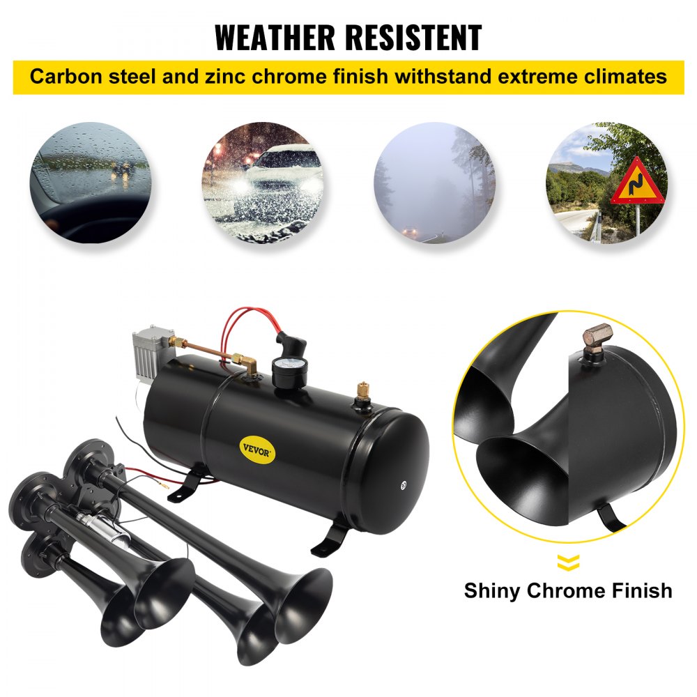 VEVOR 4 Trumpet Train Air Horn Kit 12V Air Compressor 150PSI Air Horn Kit 4 Horns Air Horn Compressor Tank Capacity 3 Liters Super Loud For Truck Car Boat(4 Trumpet)