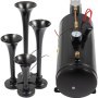 VEVOR train horn kit with four black trumpet horns and an air compressor.