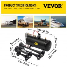 VEVOR 150DB Train Horns Kit for Trucks Super Loud with 120 PSI 12V Air Compressor 4 Trumpet Air Horn Compressor Tank For Any Vehicle Trucks Car Jeep Or SUV (Black) 0.8 Gal/3L