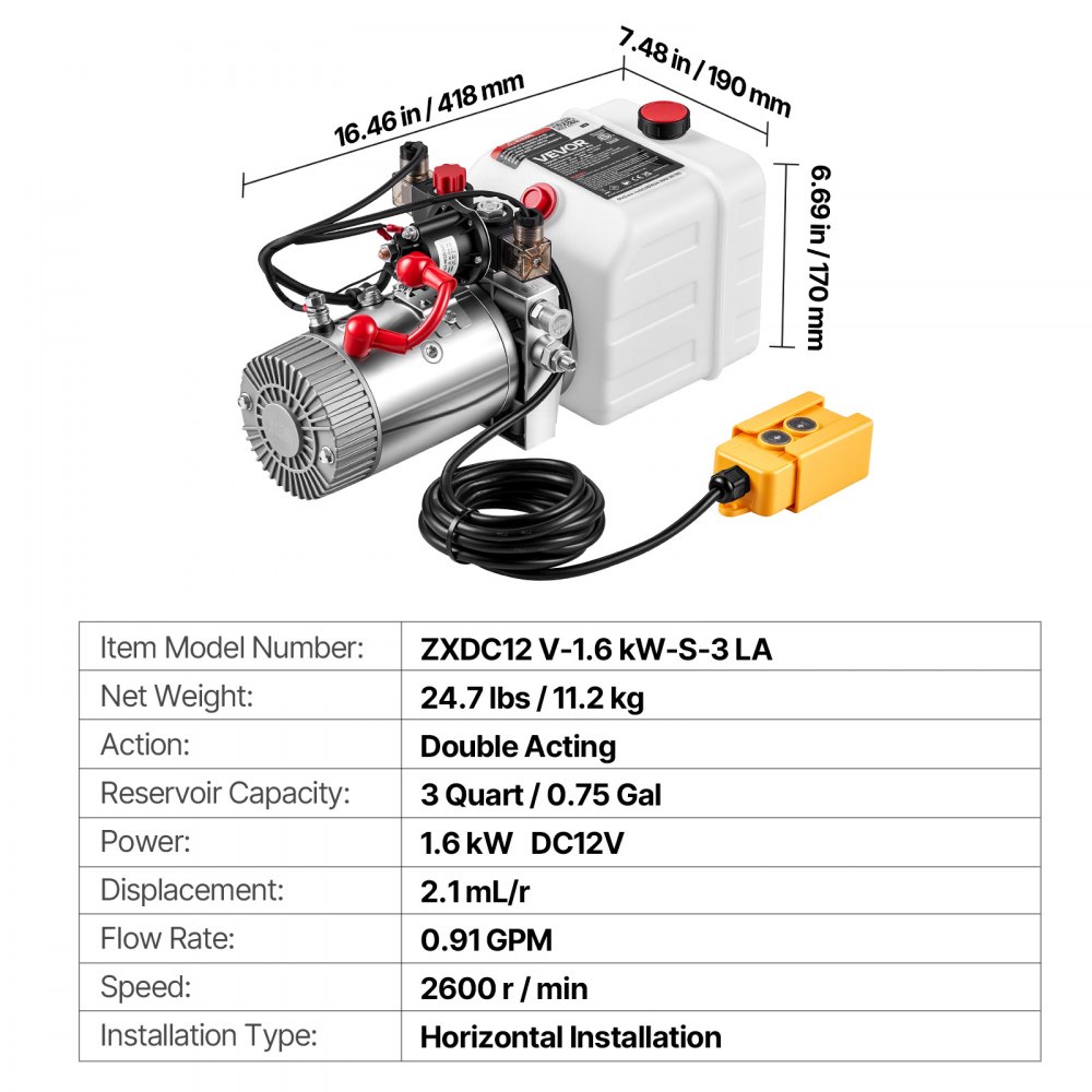 VEVOR 3L Hydraulic Pump, Double Acting Dump Trailer Pump, 22Mpa Max Relief Pressure & 3.4L/min Flow Rate, DC 12V 1.6KW Hydraulic Power Unit for Dump Trailer Car Lifting (Horizontal Installation)
