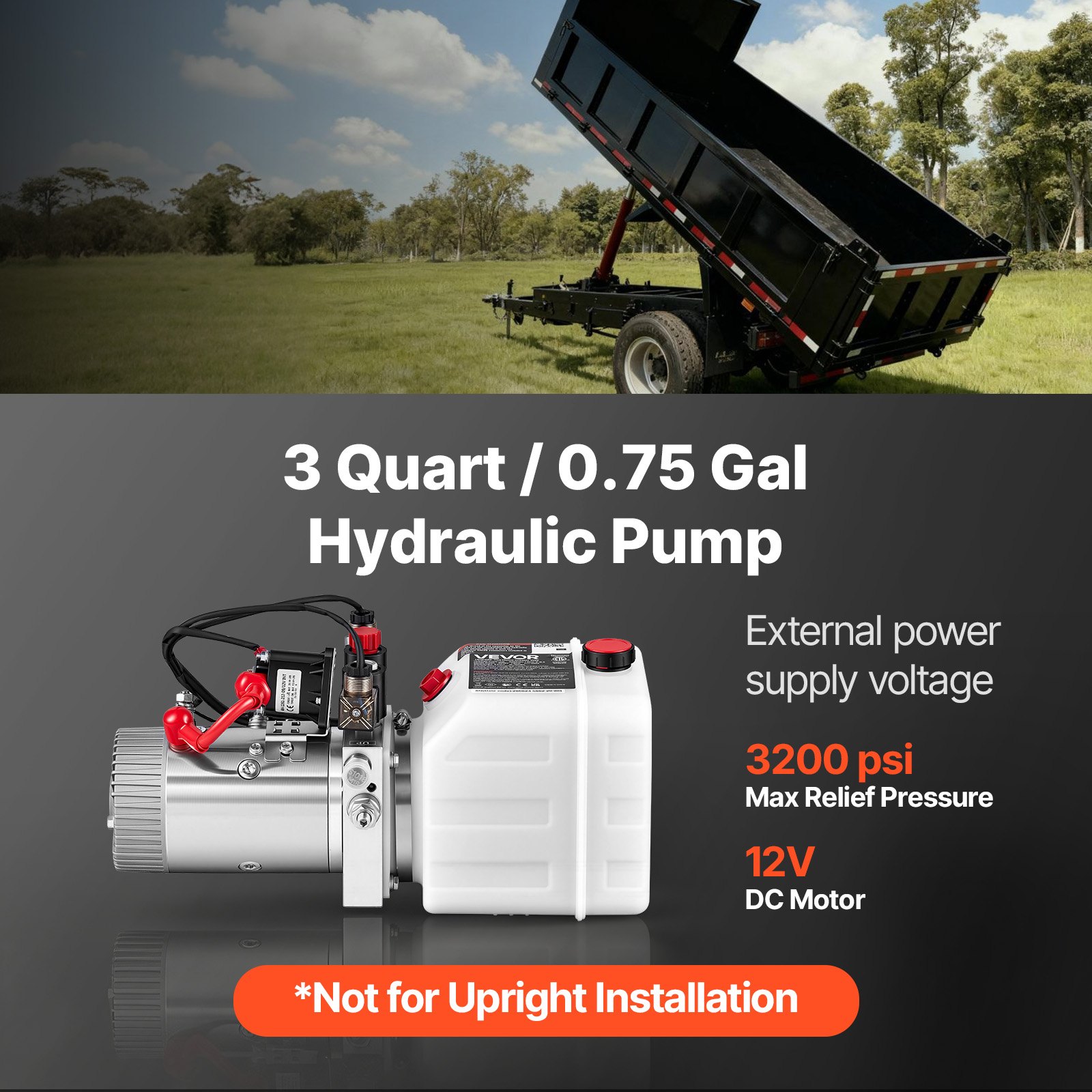 VEVOR 3L Hydraulic Pump, Double Acting Dump Trailer Pump, 22Mpa Max Relief Pressure & 3.4L/min Flow Rate, DC 12V 1.6KW Hydraulic Power Unit for Dump Trailer Car Lifting (Horizontal Installation)