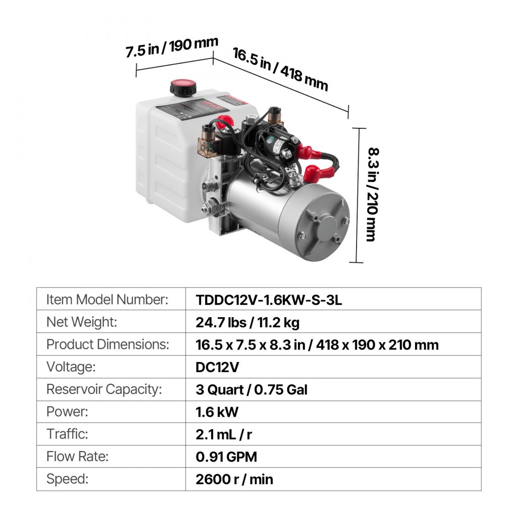 VEVOR 3 L Hydraulic Power Unit, Double Acting Dump Trailer Pump, 22 MPa Max Relief Pressure & 3.4 L/min Flow Rate, DC 12V Hydraulic Pump with Metal Reservoir for Dump Trailer Car Lifting