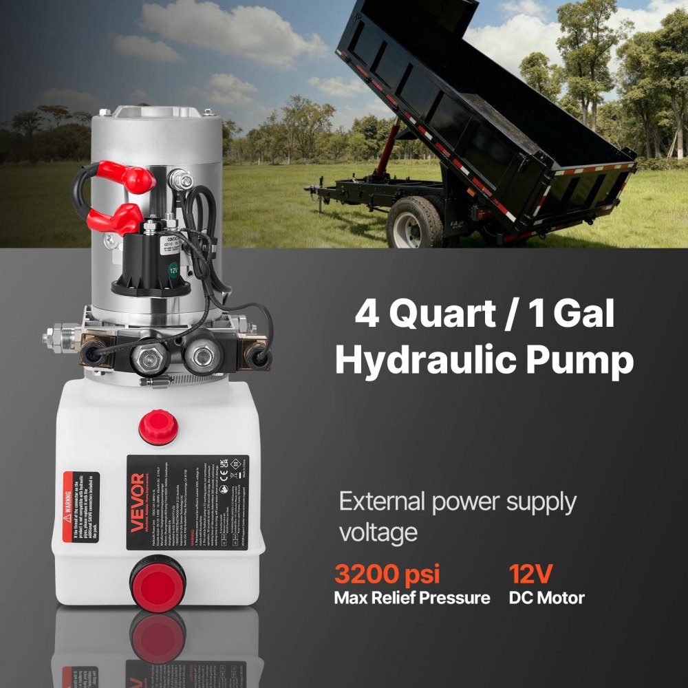 VEVOR 4 Quart Hydraulic Power Unit, Double Acting Dump Trailer Pump, 3200 PSI Max Relief Pressure & 0.91 GPM Flow Rate, DC 12V Hydraulic Pump with Metal Reservoir for Dump Trailer Car Lifting, White