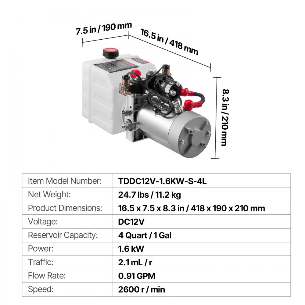 VEVOR 4 Quart Hydraulic Power Unit, Double Acting Dump Trailer Pump, 3200 PSI Max Relief Pressure & 0.91 GPM Flow Rate, DC 12V Hydraulic Pump with Metal Reservoir for Dump Trailer Car Lifting, White