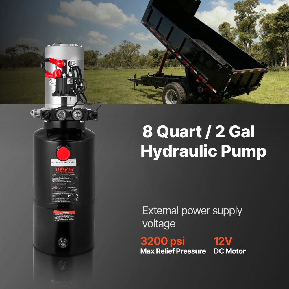 VEVOR 8 L Hydraulic Power Unit, Double Acting Dump Trailer Pump, 22 MPa Max Relief Pressure & 3.4 L/min Flow Rate, DC 12V Hydraulic Pump with Metal Reservoir for Dump Trailer Car Lifting