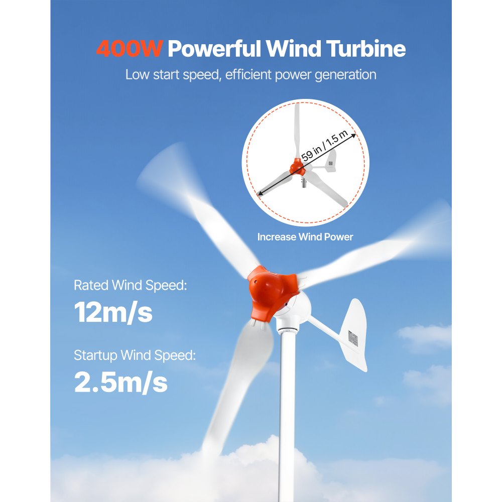 VEVOR 12V 600W Solar Wind Power Kit, 2PCS 100W Solar Panel + 400W Wind Turbine + 12.8V 100Ah LiFePO4 Battery + 1000W Power Inverter + MPPT Wind/Solar Hybrid Controller for Home RV Boat Farm Off-Grid