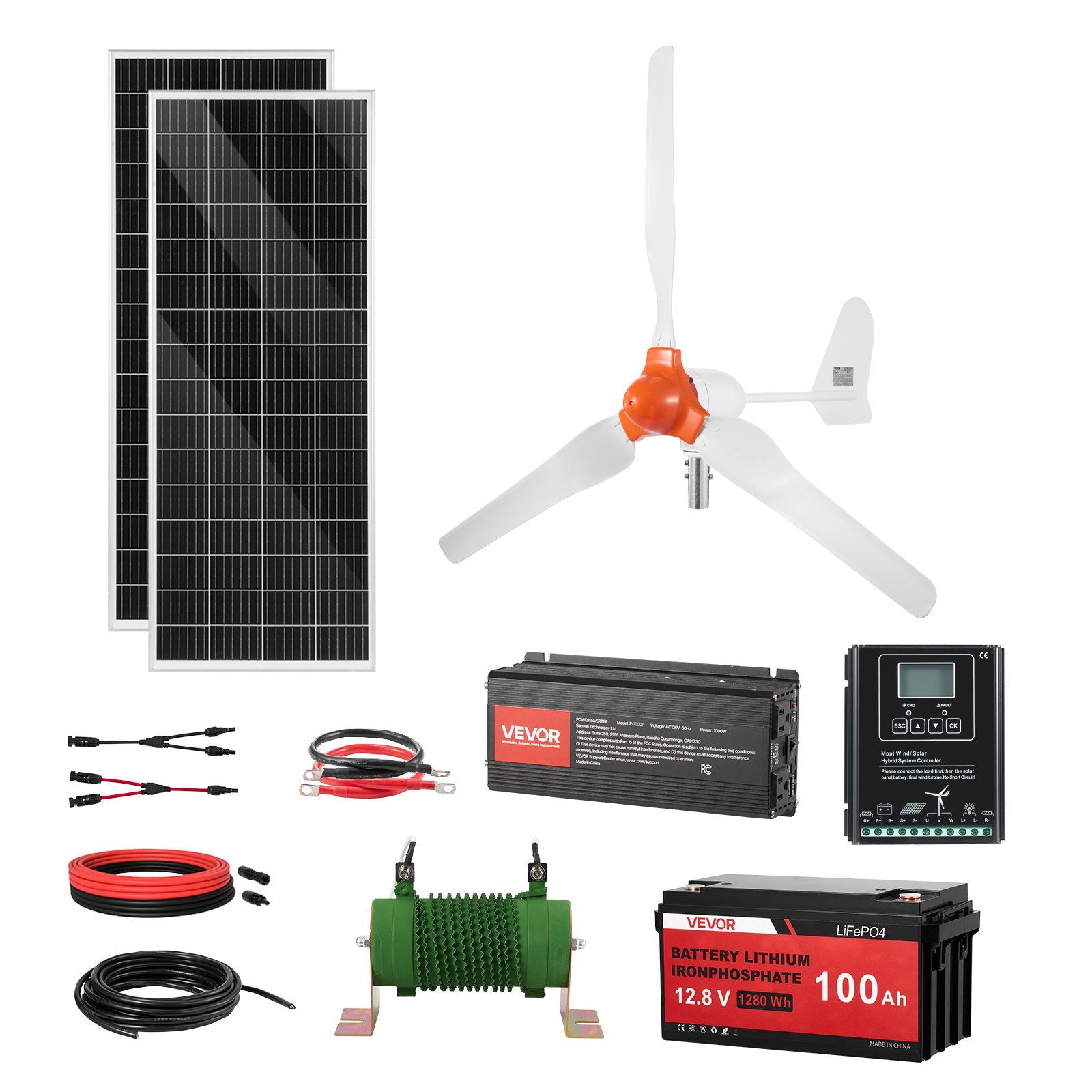 VEVOR 12V 600W Solar Wind Power Kit, 2PCS 100W Solar Panel + 400W Wind Turbine + 12.8V 100Ah LiFePO4 Battery + 1000W Power Inverter + MPPT Wind/Solar Hybrid Controller for Home RV Boat Farm Off-Grid