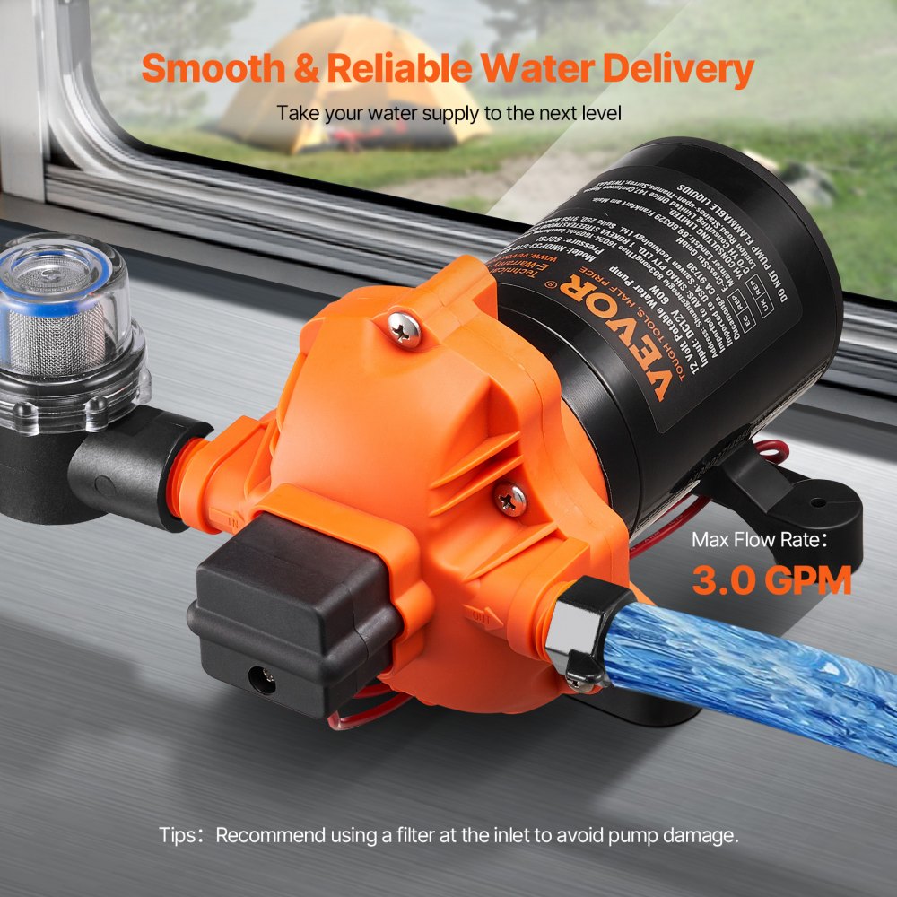 VEVOR 12V Diaphragm Pump, 3 GPM (11.36 L/min), 3-Chamber 12 Volt DC Water Pump with Automatic Pressure Switch 40-100 PSI Adjustable, 50 PSI, 1/2'' MNPT Port, for RV Yacht Food Truck Camper Marine