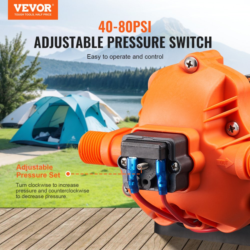 VEVOR Diaphragm Pump, 3 GPM (11.36 L/min), 3-Chamber 12 Volt DC Water Pump with Automatic Pressure Switch 40-100 PSI Adjustable, 50 PSI, 1/2'' MNPT Port, for RV Yacht Food Truck Camper Marine