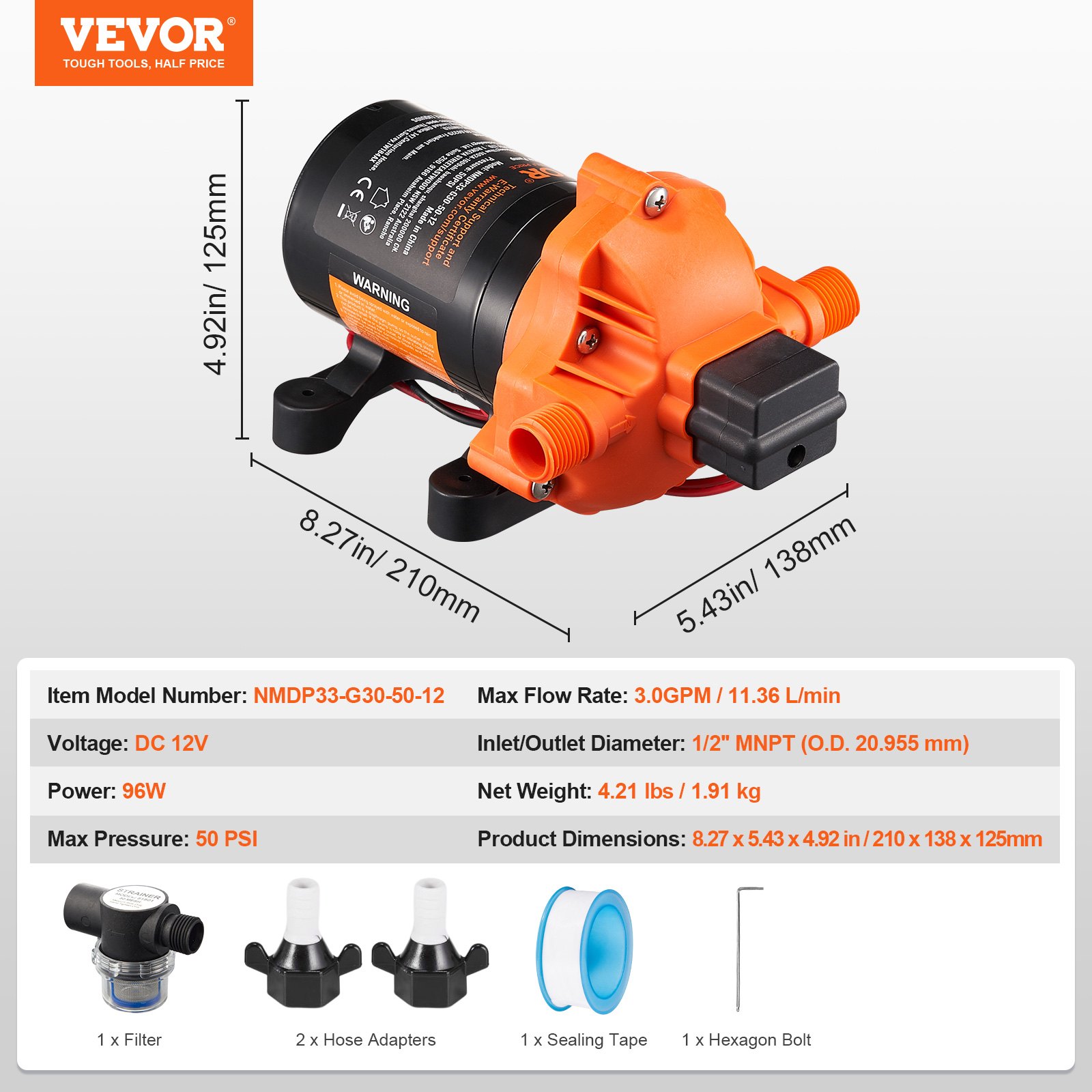 VEVOR 12V Diaphragm Pump, 3 GPM (11.36 L/min), 3-Chamber 12 Volt DC Water Pump with Automatic Pressure Switch 40-100 PSI Adjustable, 50 PSI, 1/2'' MNPT Port, for RV Yacht Food Truck Camper Marine