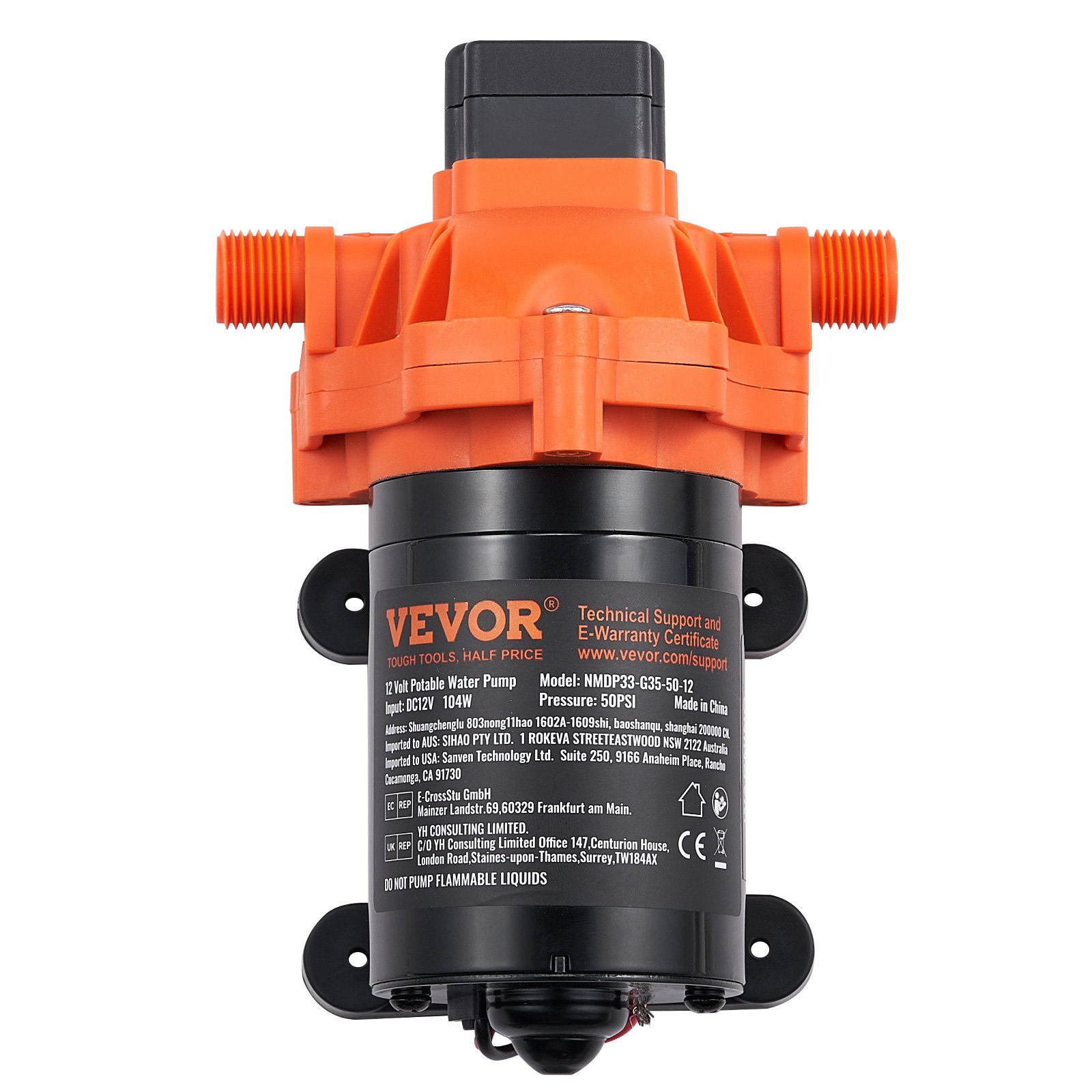 VEVOR Diaphragm Pump, 3.5 GPM (13.25 L/min), 3-Chamber 12 Volt DC Water Pump with Automatic Pressure Switch 40-100 PSI Adjustable, 50 PSI, 1/2'' MNPT Port, for RV Yacht Food Truck Camper Marine