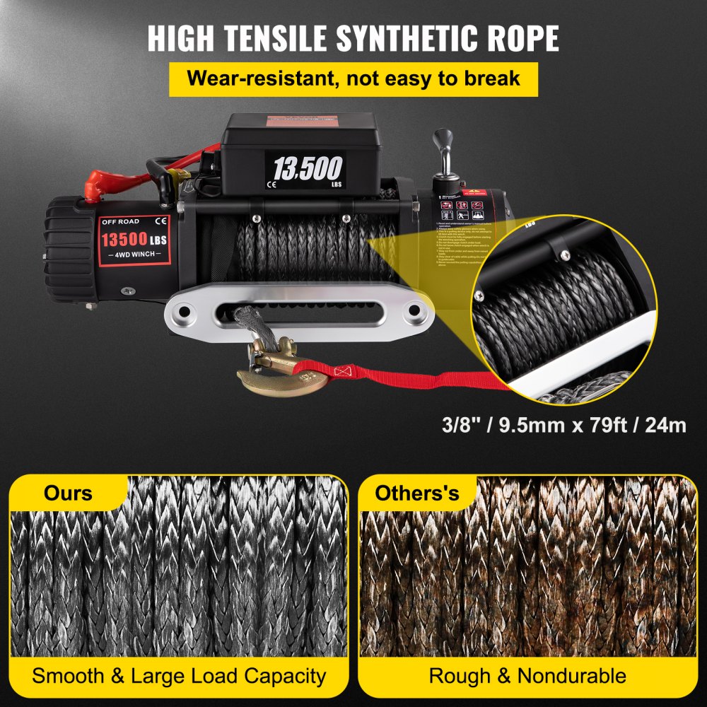 Recovery Electric Winch 13500lb/6123.5 kg 12V Synthetic Rope Remote Control