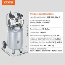VEVOR 13 Gallon Air Compressor, 2HP 4.6 SCFM@90PSI Oil Free Air Compressor Tank, 66dB Ultra-Quiet Compressor for Tire Inflation, Auto Repair, Woodwork Nailing, Spray Painting (125PSI Max Pressure)