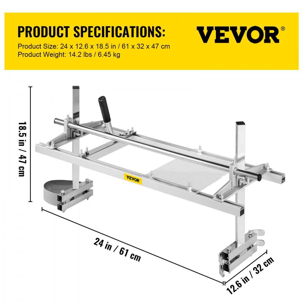 VEVOR chainsaw mill dimensions: 24&quot; x 12.6&quot; x 18.5&quot;, 14.2 lbs, steel frame.