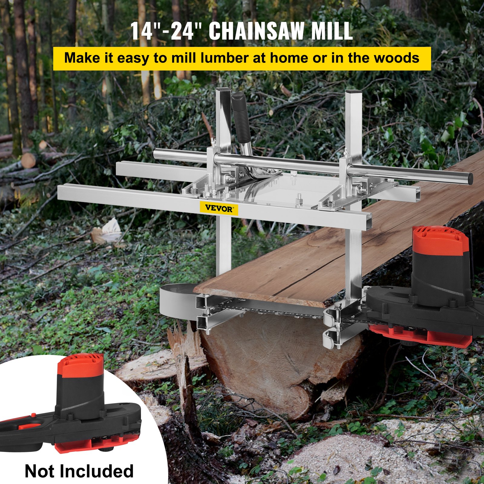 VEVOR chainsaw mill cutting wood in a forest setting, with large logs in the background.
