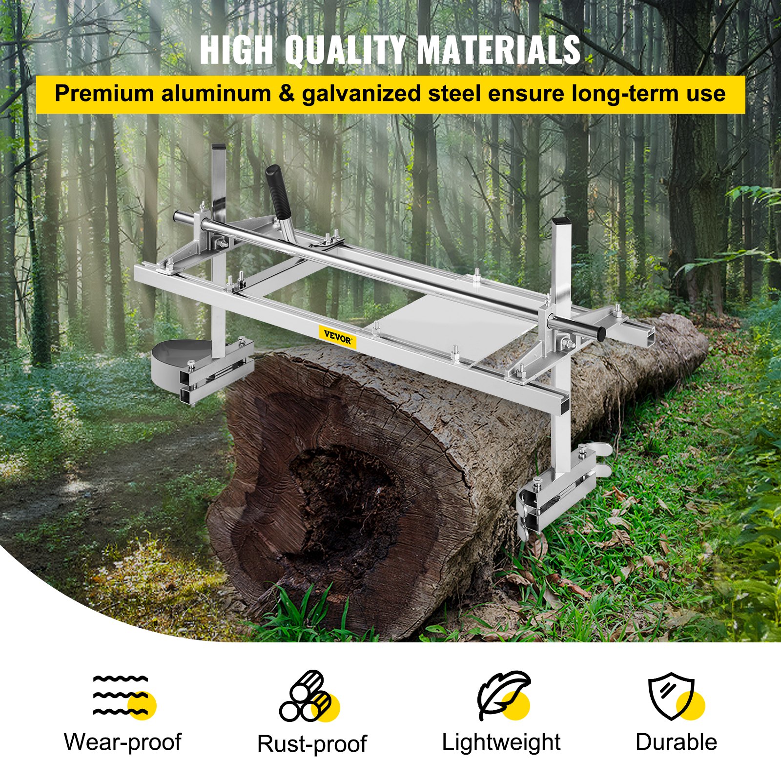 VEVOR chainsaw mill with aluminum and steel frame, cutting a large log in a forest.
