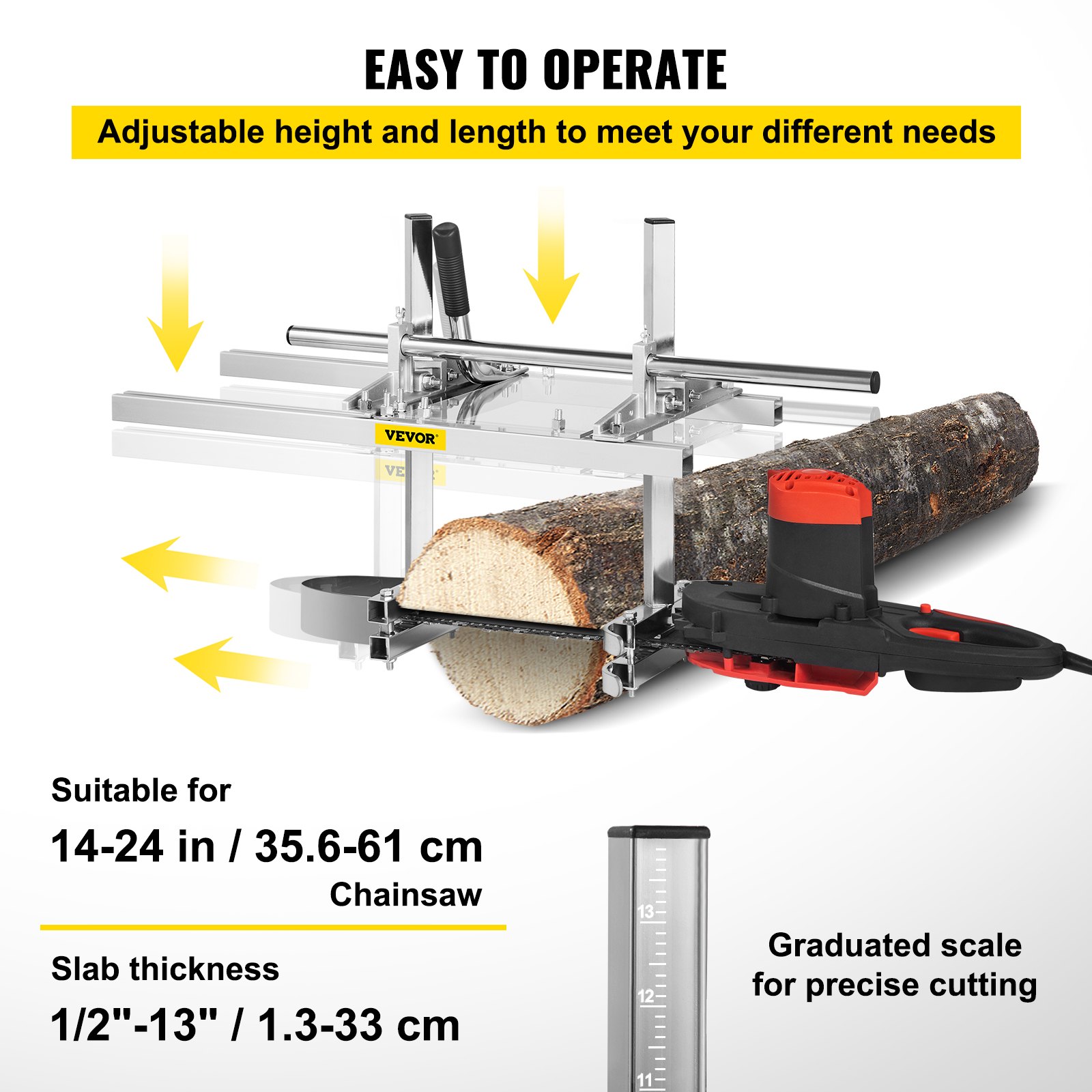 VEVOR chainsaw mill cutting log with adjustable height and length, suitable for 14-24 in chainsaw.