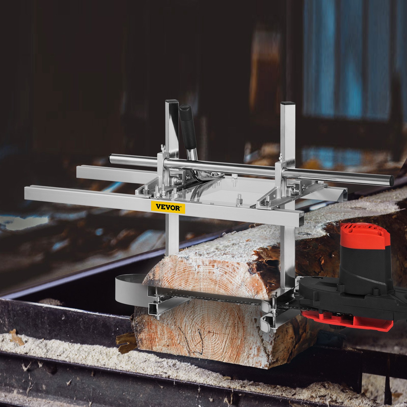 VEVOR chainsaw mill cutting wood on a workbench with a blurred background.