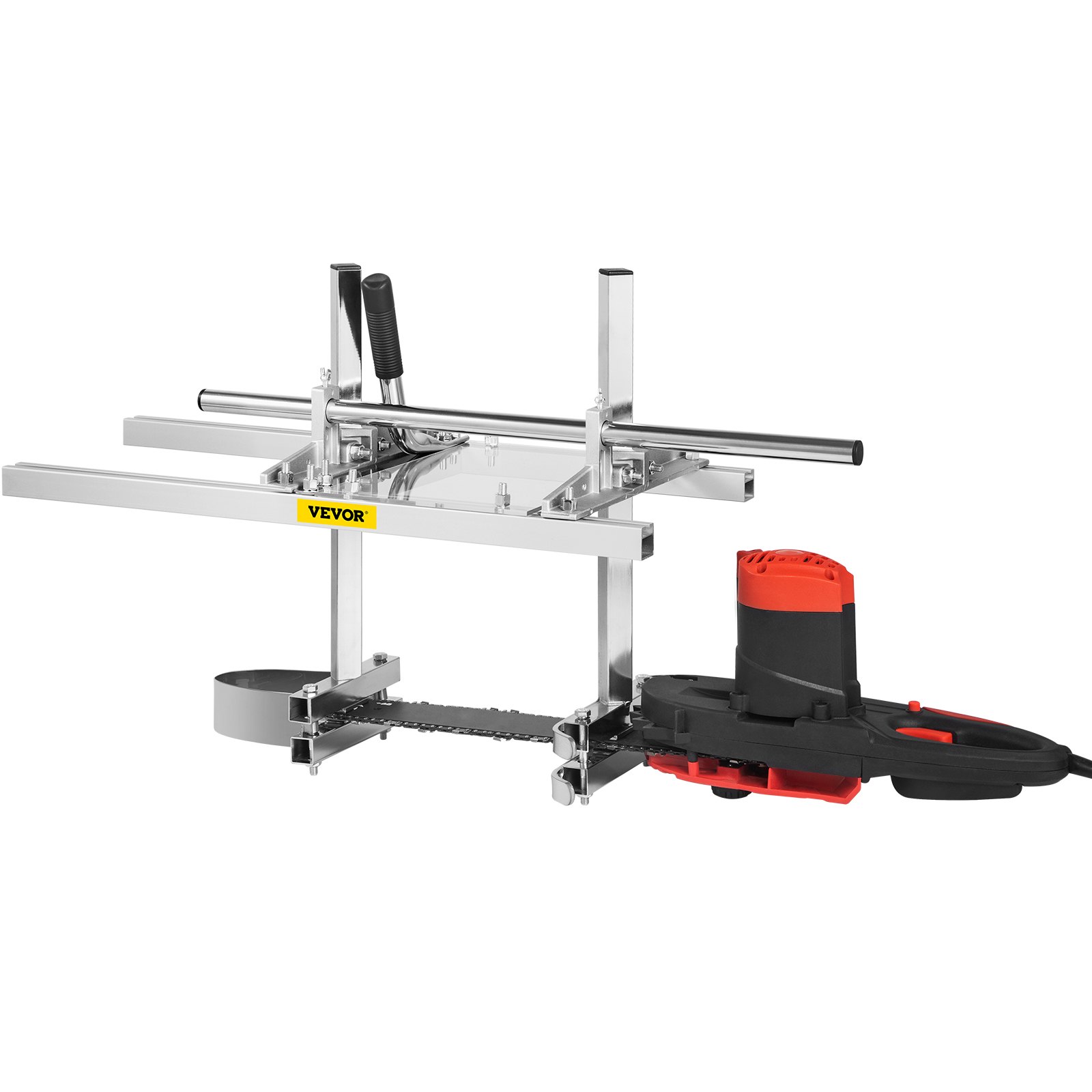 VEVOR chainsaw mill with adjustable guide bar and red-black chainsaw attached.