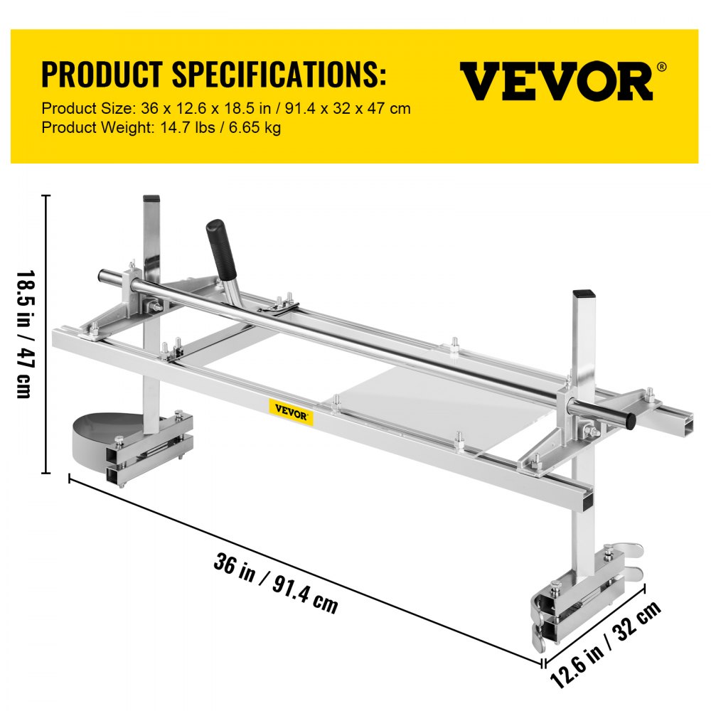 VEVOR chainsaw mill dimensions: 36x12.6x18.5 inches, weight: 14.7 lbs.