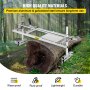 VEVOR chainsaw mill cutting a large tree log in a lush forest with tool features below.