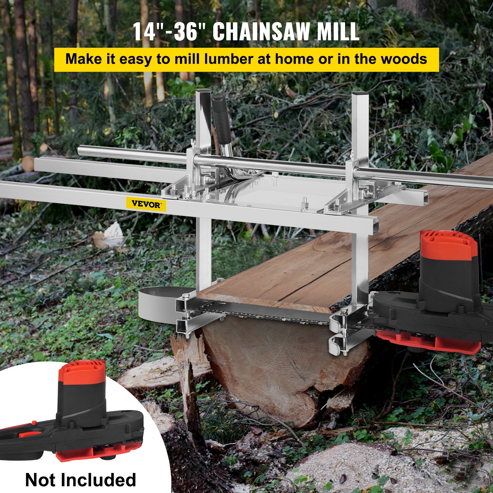 VEVOR chainsaw mill cutting a log in the forest with adjustable frame.
