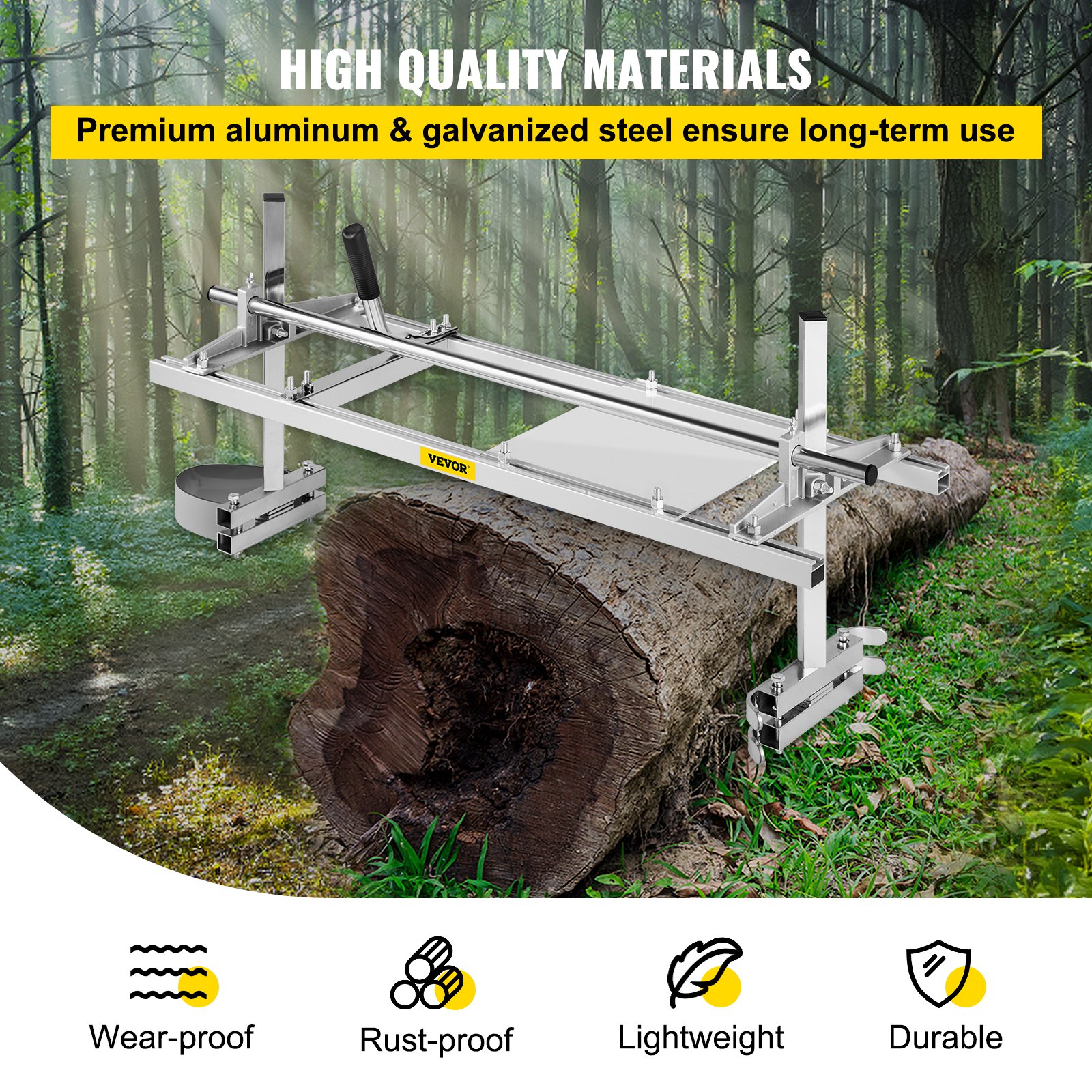 VEVOR chainsaw mill cutting a large tree log in a lush forest with tool features below.