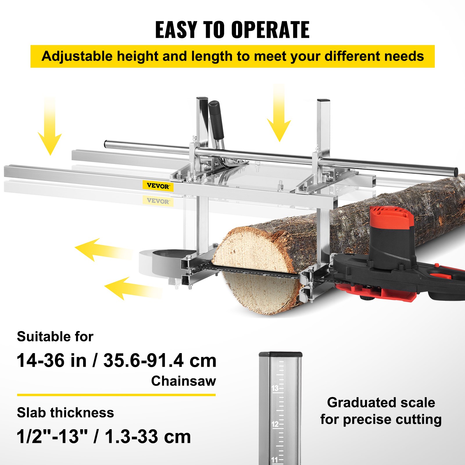 VEVOR chainsaw mill with adjustable height and length for precise cutting.