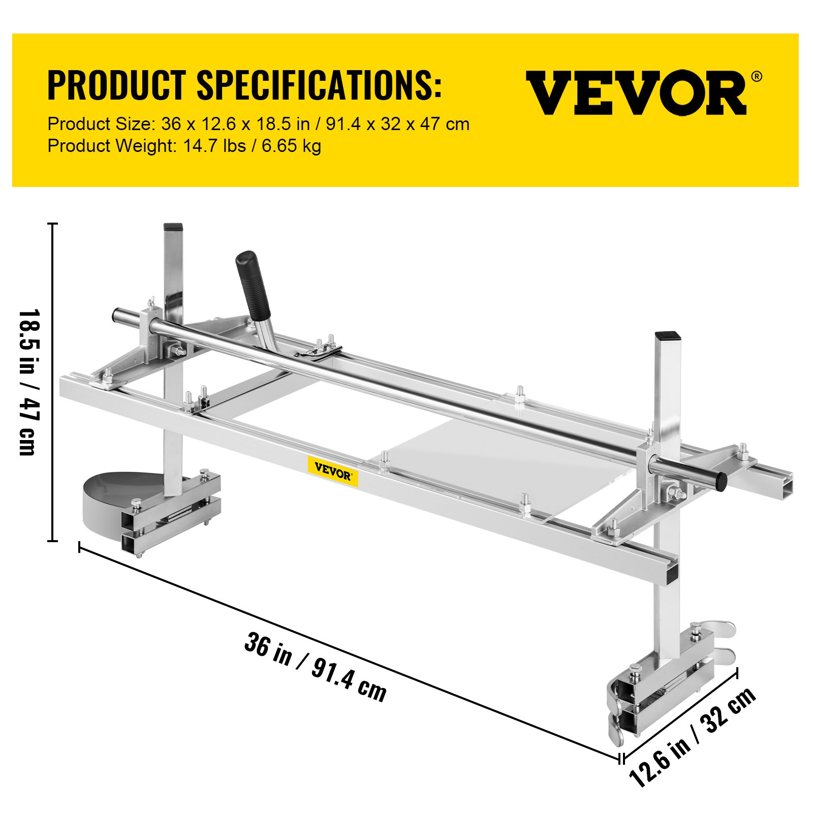VEVOR chainsaw mill dimensions: 36x12.6x18.5 inches, weight: 14.7 lbs.