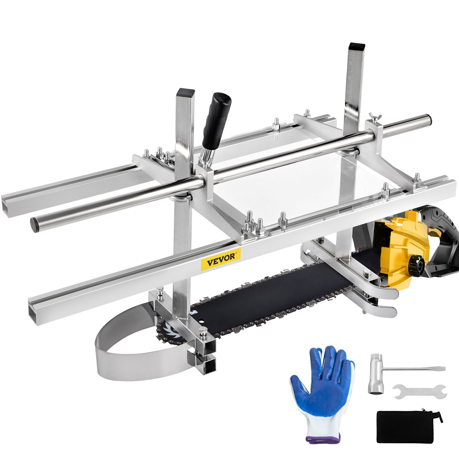 VEVOR chainsaw mill with yellow chainsaw, safety glove, wrench, and accessories.
