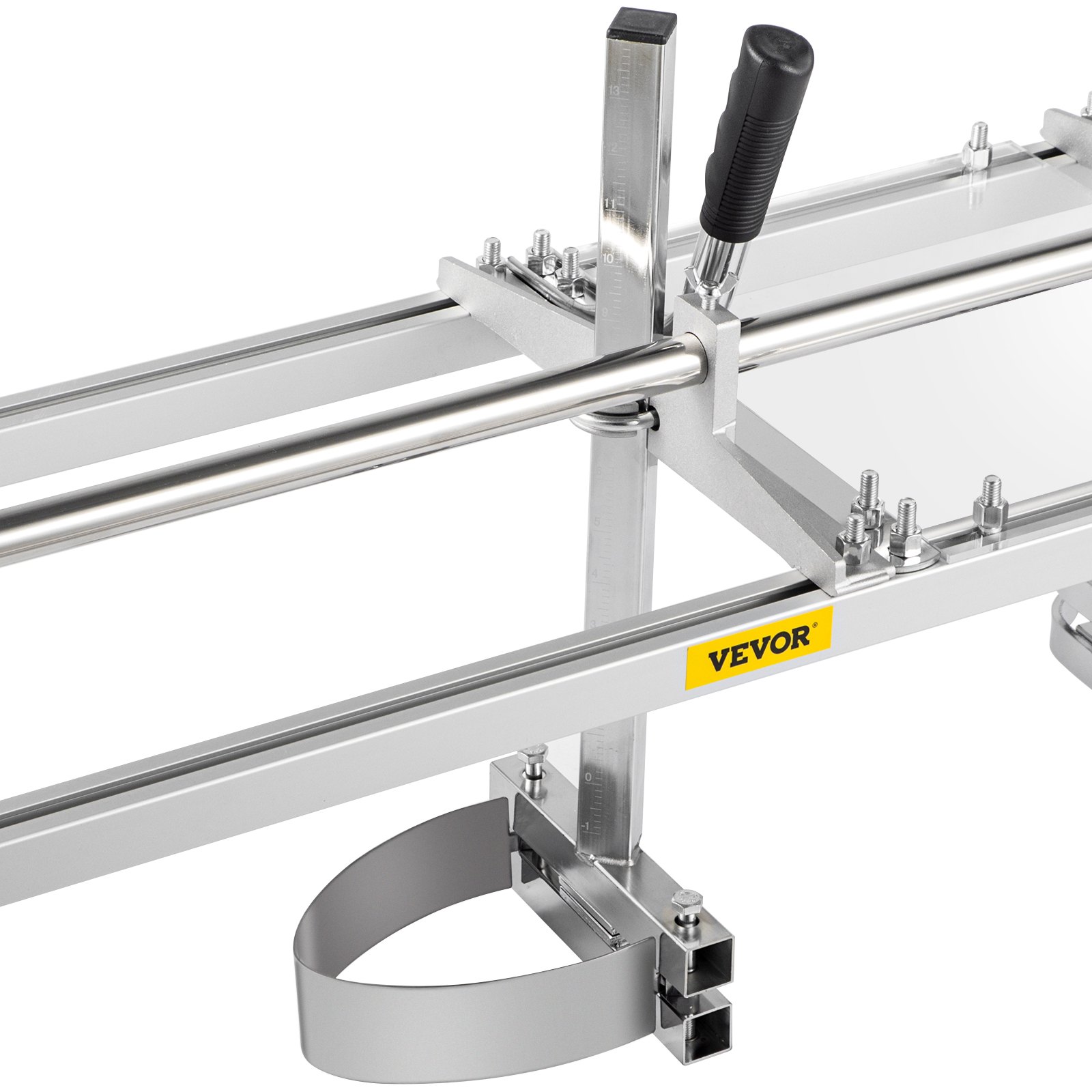 close-up of silver VEVOR chainsaw mill with handle and adjustable guide.