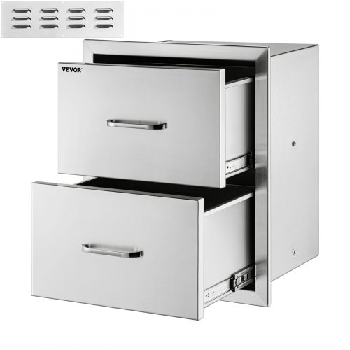 VEVOR Outdoor Kitchen Drawer 14 x 14.37 x 23 Inch Stainless Steel BBQ Island Storage Drawer BBQ Door Triple Drawer Storage with Chrome Handle Flush Mount Sliver