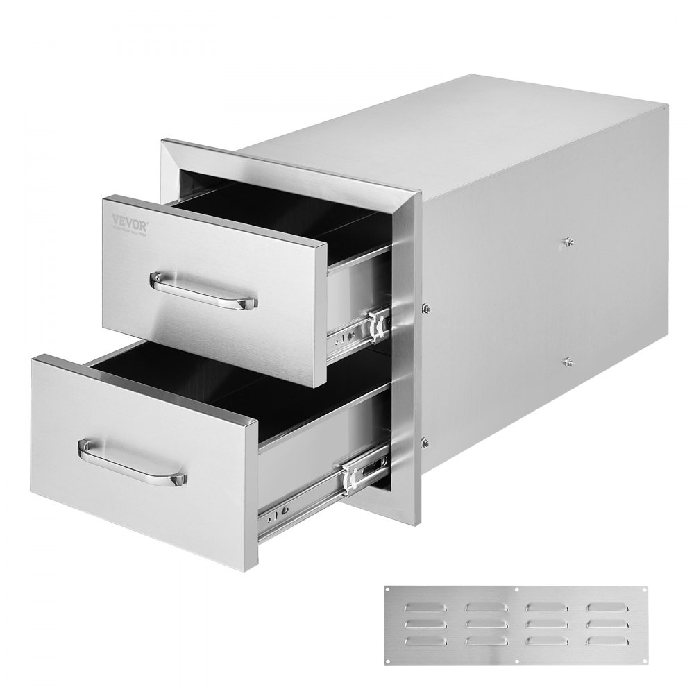 stainless steel VEVOR outdoor kitchen drawers with two open compartments and installation plate.