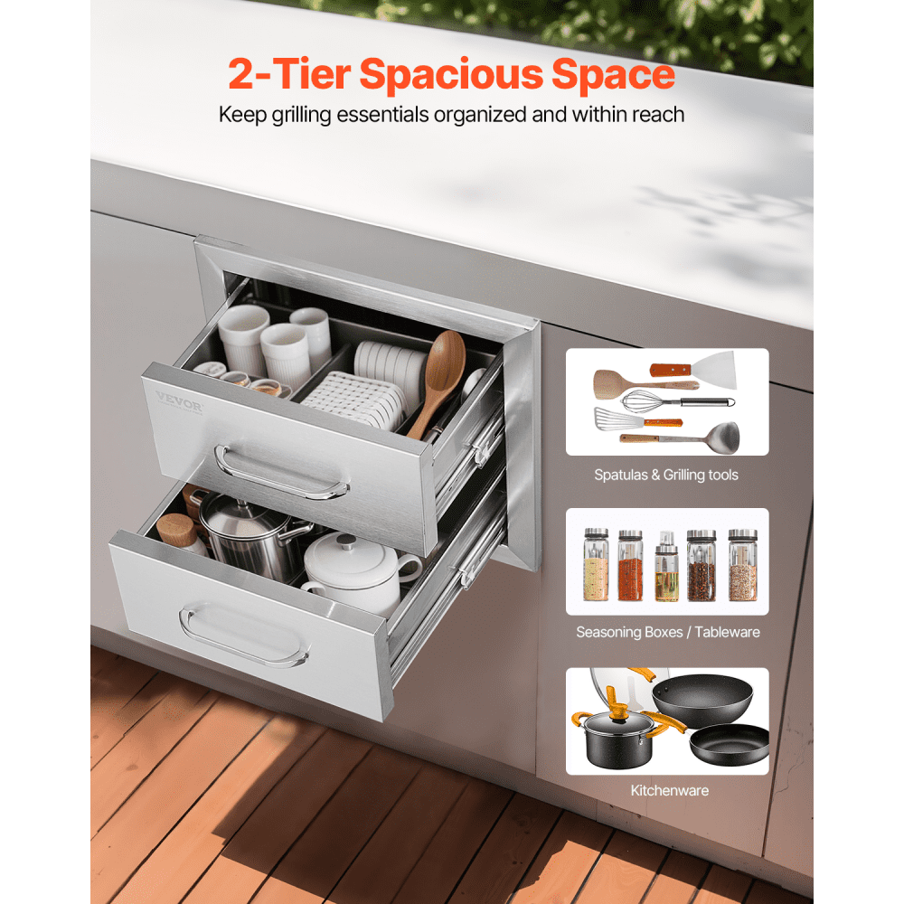 VEVOR Outdoor Kitchen Drawers 14W x 14.3H x 23D Inch, Flush Mount Double BBQ Drawers Stainless Steel with Handle, BBQ Island Drawers for Outdoor Kitchens or Grill Station