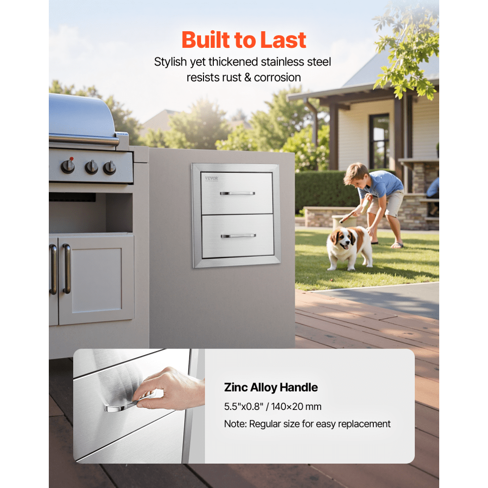 VEVOR Outdoor Kitchen Drawers 14W x 14.3H x 23D Inch, Flush Mount Double BBQ Drawers Stainless Steel with Handle, BBQ Island Drawers for Outdoor Kitchens or Grill Station