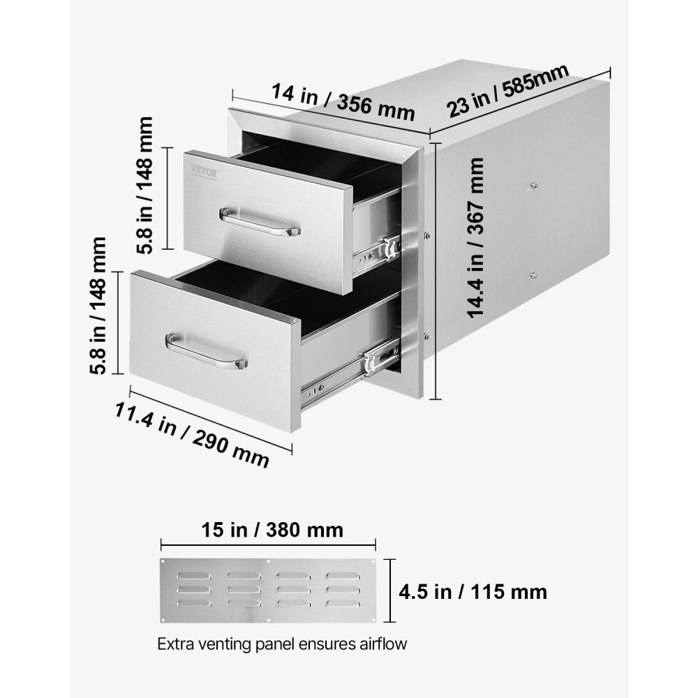 VEVOR Outdoor Kitchen Drawers 14W x 14.3H x 23D Inch, Flush Mount Double BBQ Drawers Stainless Steel with Handle, BBQ Island Drawers for Outdoor Kitchens or Grill Station