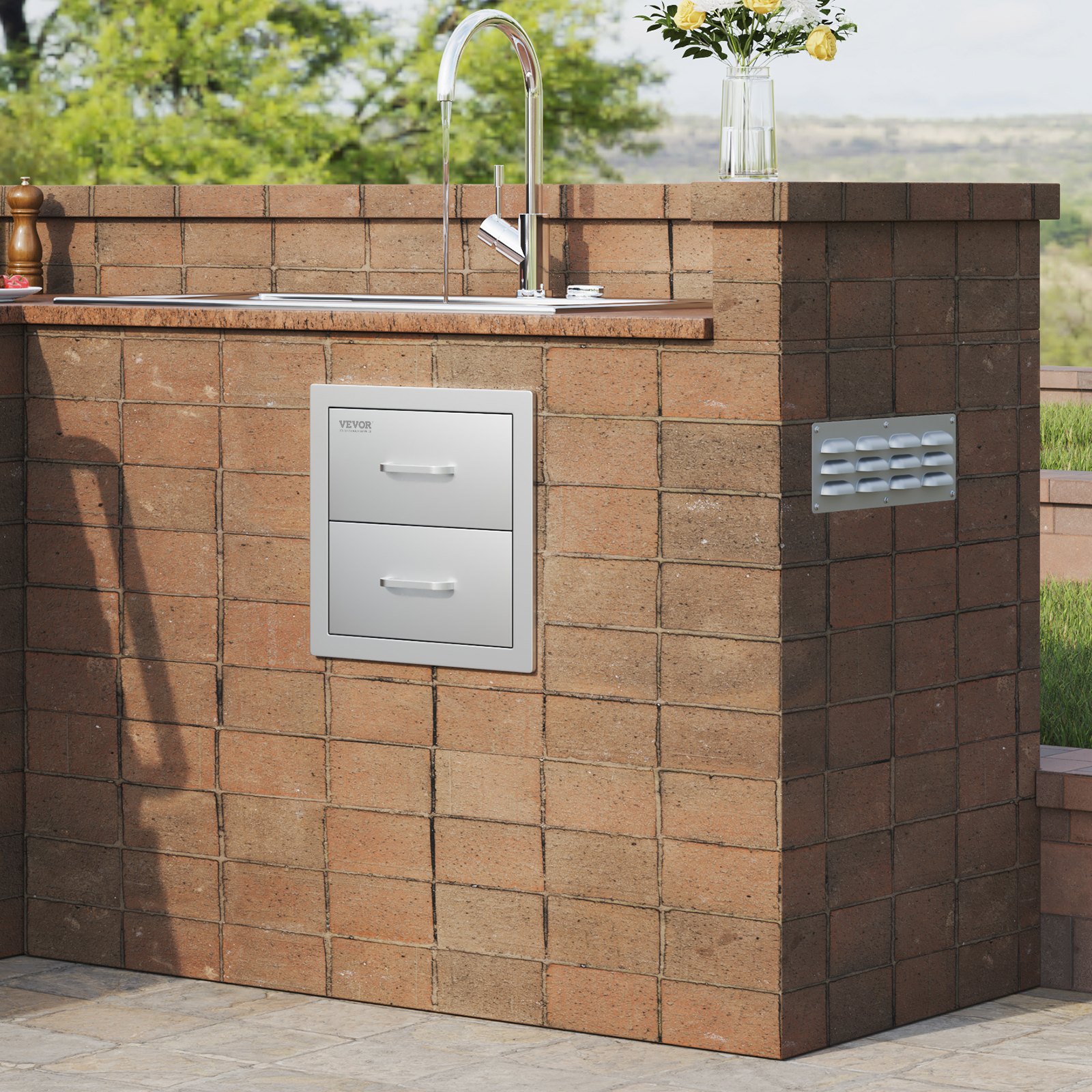 VEVOR Outdoor Kitchen Drawers 14W x 14.3H x 23D Inch, Flush Mount Double BBQ Drawers Stainless Steel with Handle, BBQ Island Drawers for Outdoor Kitchens or Grill Station