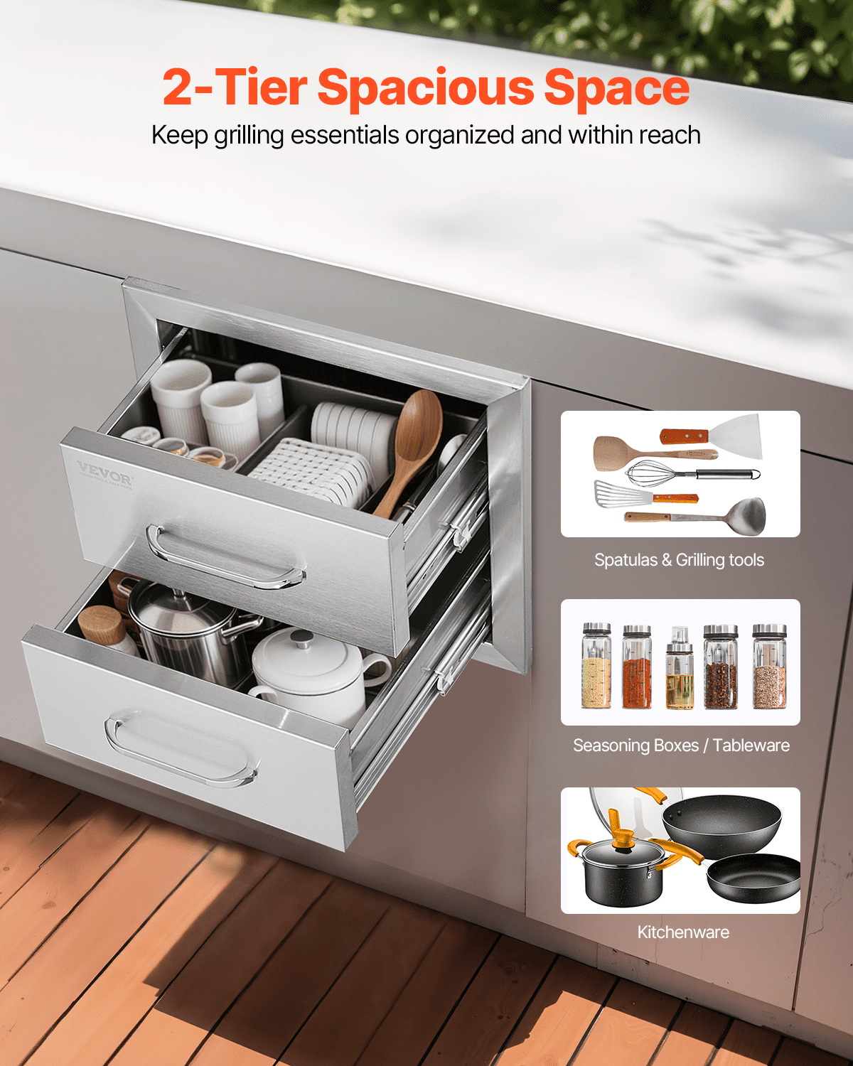 VEVOR Outdoor Kitchen Drawers 14W x 14.3H x 23D Inch, Flush Mount Double BBQ Drawers Stainless Steel with Handle, BBQ Island Drawers for Outdoor Kitchens or Grill Station