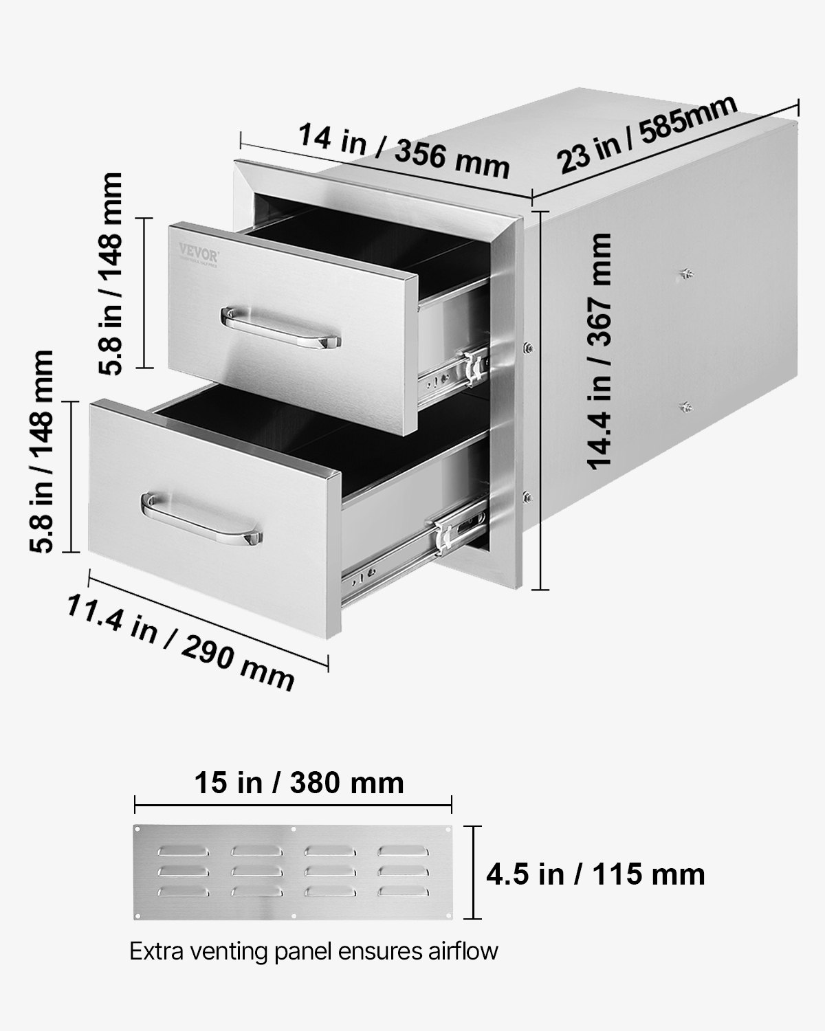 VEVOR Outdoor Kitchen Drawers 14W x 14.3H x 23D Inch, Flush Mount Double BBQ Drawers Stainless Steel with Handle, BBQ Island Drawers for Outdoor Kitchens or Grill Station