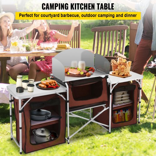 VEVOR Camping Kitchen Table, 3 Storage Organizer, Aluminum Windscreen Outdoor Folding Grill Station with 2 Side Tables, Camping Supplies and Accessories for BBQ Picnic Fishing Party Use, Brown