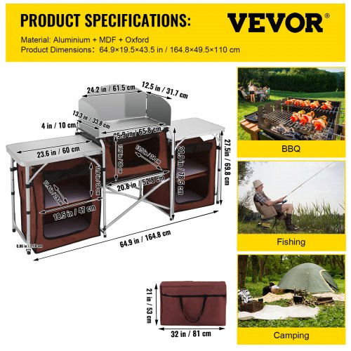 VEVOR Camping Kitchen Table, 3 Storage Organizer, Aluminum Windscreen Outdoor Folding Grill Station with 2 Side Tables, Camping Supplies and Accessories for BBQ Picnic Fishing Party Use, Brown