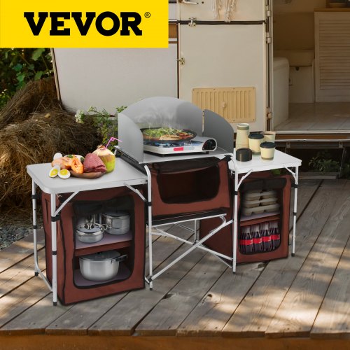 VEVOR Camping Kitchen Table, 3 Storage Organizer, Aluminum Windscreen Outdoor Folding Grill Station with 2 Side Tables, Camping Supplies and Accessories for BBQ Picnic Fishing Party Use, Brown