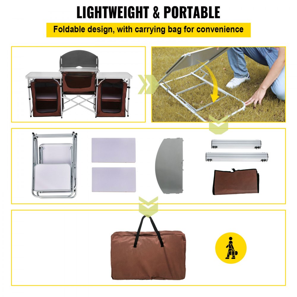 VEVOR Camping Kitchen Table, 3 Storage Organizer, Aluminum Windscreen Outdoor Folding Grill Station with 2 Side Tables, Camping Supplies and Accessories for BBQ Picnic Fishing Party Use, Brown