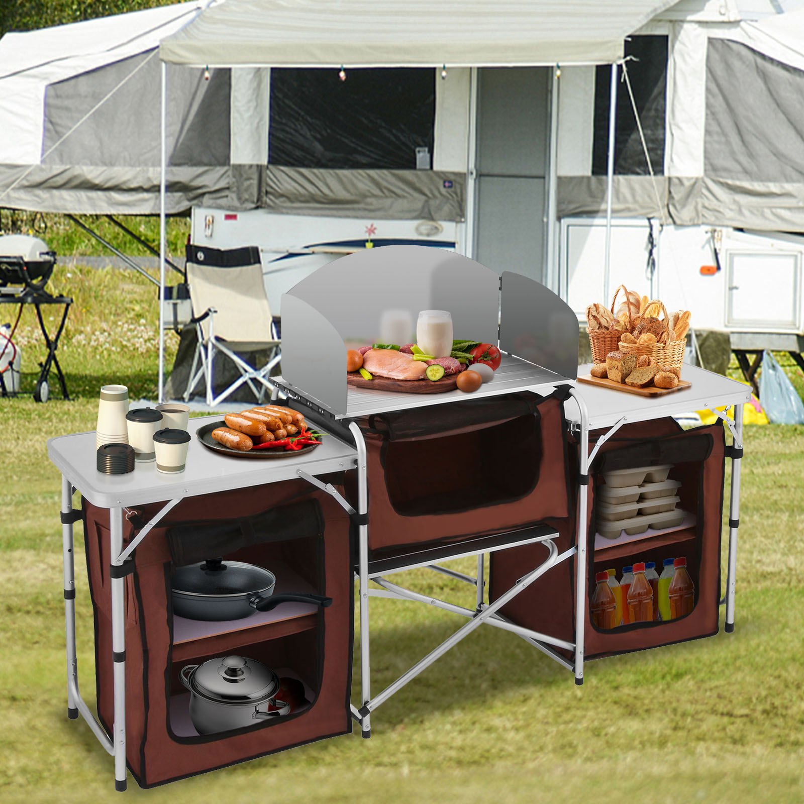 VEVOR Camping Kitchen Table, 3 Storage Organizer, Aluminum Windscreen Outdoor Folding Grill Station with 2 Side Tables, Camping Supplies and Accessories for BBQ Picnic Fishing Party Use, Brown