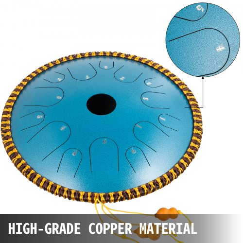 VEVOR Blue Tongue Drum 14 Notes Dish Shape Drum 14 Inches Dia. Manual Percussion Pure Copper Steel Tongues 14 Notes Steel Tongue Handpan Drum with Rope Decoration and Mallets, Bag, Music Book