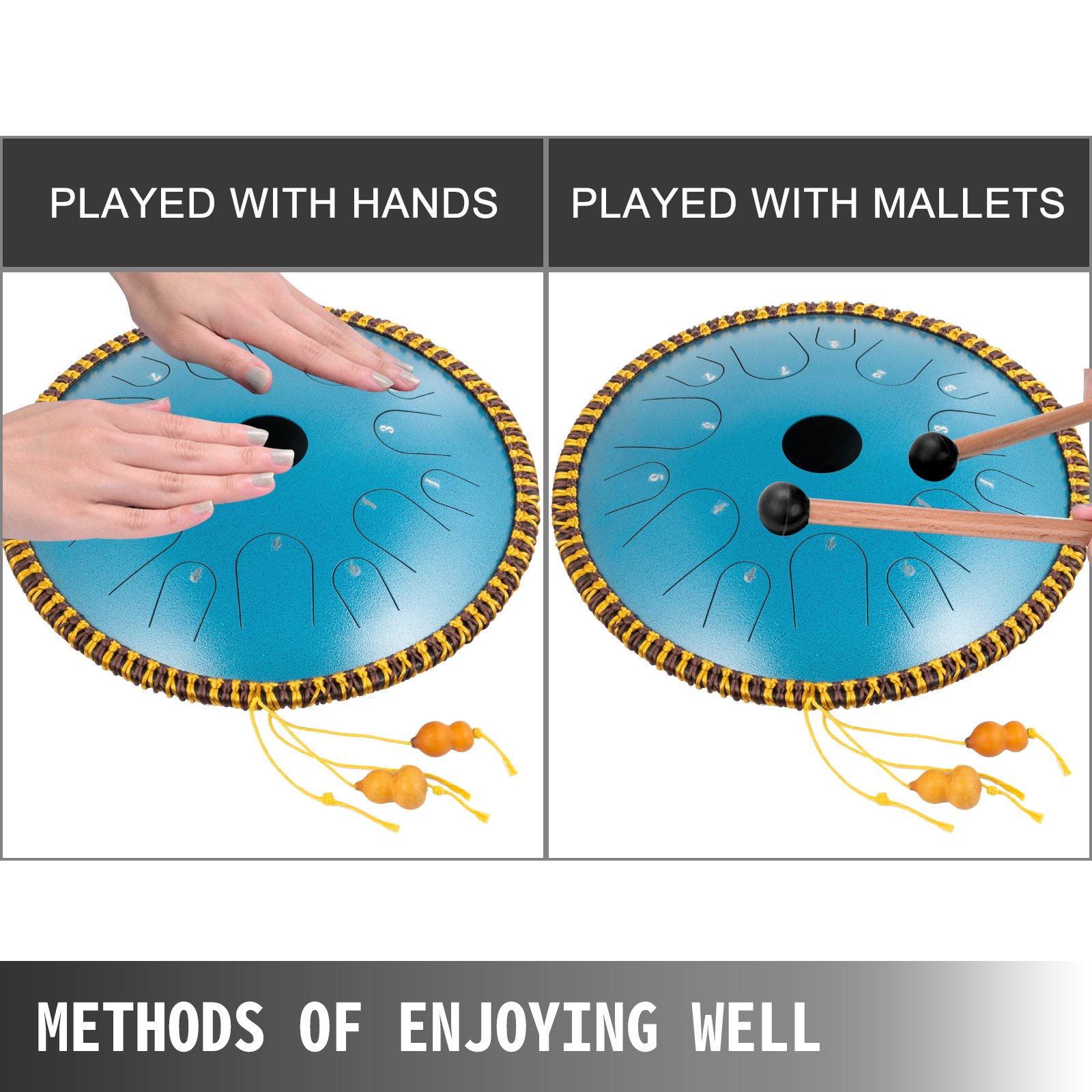 VEVOR Blue Tongue Drum 14 Notes Dish Shape Drum 14 Inches Dia. Manual Percussion Pure Copper Steel Tongues 14 Notes Steel Tongue Handpan Drum with Rope Decoration and Mallets, Bag, Music Book