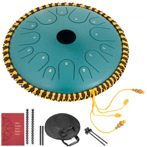 VEVOR Tongue Drum 14 Notes Dish Shape Drum 14 Inches Dia. Manual Percussion Pure Copper Steel Tongues 14 Notes Steel Tongue Handpan Drum with Rope Decoration and Mallets,Bag, Music Book, Mineral Green