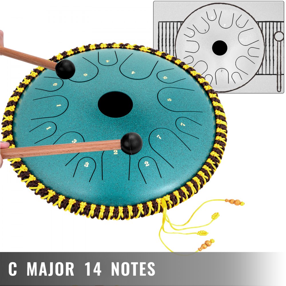 VEVOR Tongue Drum 14 Notes Dish Shape Drum 14 Inches Manual Percussion Pure Copper Steel Tongues 14 Notes Steel Tongue Handpan Drum with Rope Decoration and Mallets,Bag, Music Book, Mineral Green