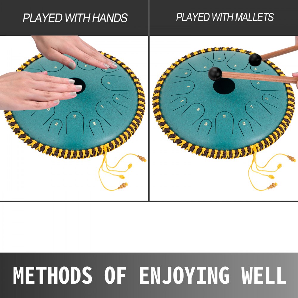 VEVOR Tongue Drum 14 Notes Dish Shape Drum 14 Inches Manual Percussion Pure Copper Steel Tongues 14 Notes Steel Tongue Handpan Drum with Rope Decoration and Mallets,Bag, Music Book, Mineral Green